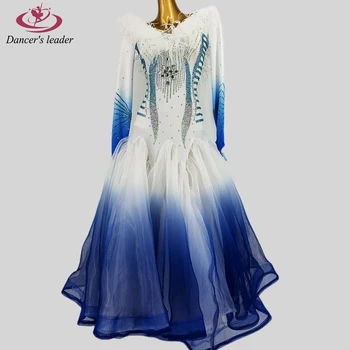 Современное танцевальное платье высокого класса на заказ с длинными рукавами, Градиентный бриллиантовый пух, Танго, Вальс, женская профессиональная одежда для сцены