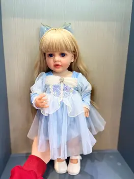 55 См Бетти Полное Тело Силиконовая Мягкая На Ощупь Возрожденная Малышка Принцесса с длинными светлыми волосами Голубое платье Реалистичная Настоящая кукла