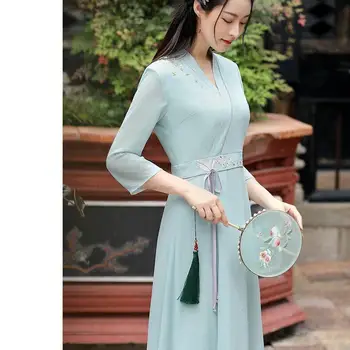 Улучшенное платье Hanfu в китайском Традиционном Восточном стиле, Женское Винтажное платье с вышивкой Cheongsam Ao Dai, Шифоновое платье Трапециевидной формы Qipao