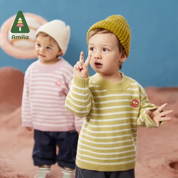 Детский свитер Amila Зима 2022, Модный Теплый вязаный свитер в полоску с круглым вырезом Для мальчиков и девочек, Повседневные топы