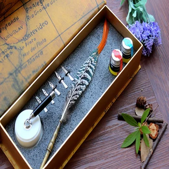 Антикварный набор перьевых ручек с натуральным пером, 1 держатель для ручек, 1 подарочная коробка, 2 чернила и 5 наконечников