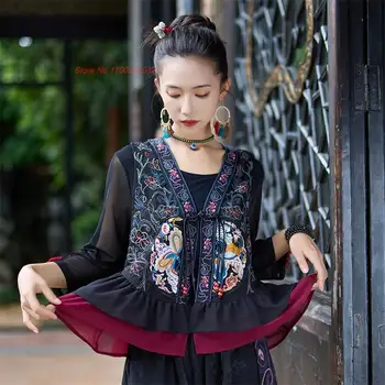 2023 китайский винтажный жилет с национальной цветочной вышивкой, китайский костюм эпохи тан, кружевная куртка без рукавов в стиле пэчворк, жилет