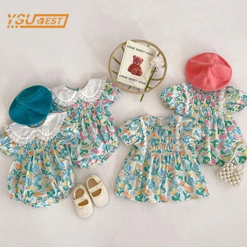 Летний Комбинезон с короткими рукавами и цветочным принтом для новорожденных девочек, Детская одежда, Комбинезон от 0 до 2 лет