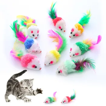 Разноцветная плюшевая мышь с хвостом из перьев, игрушка для кошки, Реалистичная мышь, Товары для кошек, Товары для домашних животных, Аксессуары для кошек, 3 шт./лот