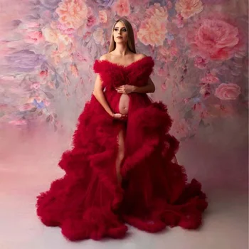 Элегантное Красное Плиссированное Тюлевое платье на одно плечо для выпускного Вечера, Вечерние Платья, Пышное платье С оборками, Платье для душа ребенка, Платье для беременных, Фотография