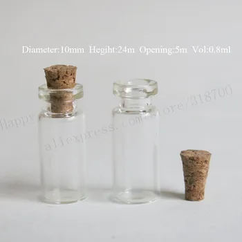 100 шт./лот, 0,8 мл, мини прозрачные стеклянные бутылки, флаконы с пробкой, маленький стеклянный образец, бутылка для пожеланий
