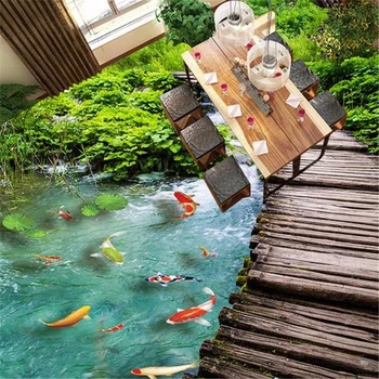 Beibehang Пользовательские 3D полы Водонепроницаемые наклейки 3D наклейки на напольную плитку Девять рыб и деревянный мост Настроить напольное покрытие любого размера