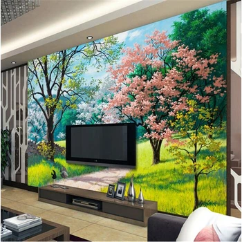 beibehang настенная роспись на заказ, нетканые 3D наклейки на стены комнаты, 3 d настенная роспись для телевизора, картины с лесными лугами, 3d настенные фрески
