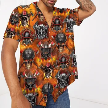 Гавайская рубашка с 3D принтом черепа Пожарного, Мужская и женская Повседневная рубашка в стиле Харадзюку, Унисекс
