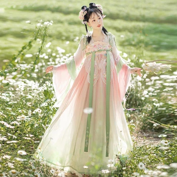 Комплект одежды Hanfu в китайском стиле, Женская Традиционная Элегантная Цветочная вышивка, Сказочные танцевальные сценические костюмы, Женский ретро-халат Принцессы