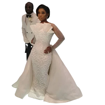 Роскошные свадебные платья в стиле русалки со Съемным шлейфом, Прозрачная шея, Длинные рукава, свадебные платья с блестками