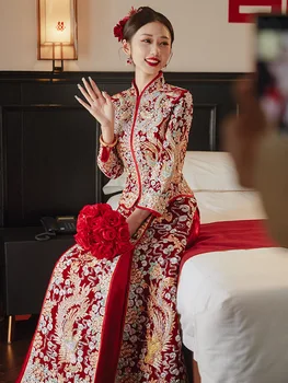 Невеста 2023 Новый Брак, Велюровая одежда для тостов в китайском стиле, Свадебное платье с вышивкой дракона и Феникса