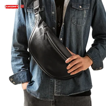 Модная мужская нагрудная сумка из натуральной кожи, маленькая сумка через плечо, японская и корейская сумка-мессенджер, простая нагрудная сумка, мягкая кожа черного цвета