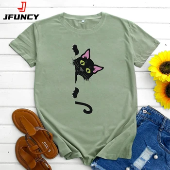 Женская футболка JFUNCY Оверсайз, Хлопковый топ 2022, Женская весенне-летняя футболка с коротким рукавом, Футболки с изображением Кавайного кота