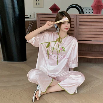Новая пижама в китайском стиле, женские атласные жаккардовые весенне-летние тонкие брюки с коротким рукавом, шелковая домашняя одежда из двух частей