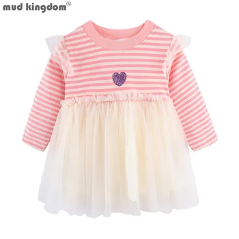 Mudkingdom/ платье с милым сердечком для маленьких девочек из фатина с длинными рукавами-крылышками, одежда для девочек, детские весенне-осенние платья в пушистую полоску