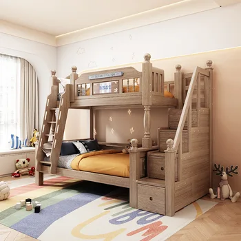 Скандинавское утолщенное деревянное восковое масло двухъярусная кровать из массива дерева, высокая и низкая кровать, детская двухъярусная лестница длиной 1,2 м, шкаф верхний и нижний бу