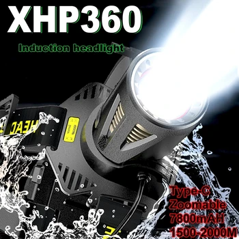 XHP360 Светодиодный Налобный фонарь 18650 Перезаряжаемый Фонарик Usb-c Мощная Тактическая Вспышка, Масштабируемый Охотничий Фонарь, Водонепроницаемые Ручные Фонари