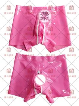 Розовые латексные боксеры на потайной молнии для пениса и Гульфик для ануса 0,4 мм