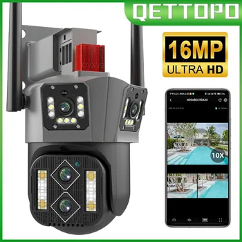 Qettopo 8K 16MP Четырехобъективная WIFI PTZ-камера 4K С тремя Экранами Наружного Искусственного Интеллекта, Автоматическое отслеживание человека, Камеры видеонаблюдения