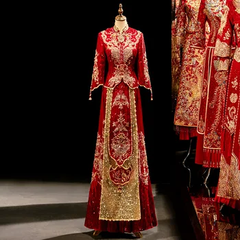 Свадебное платье с вышивкой в китайском стиле, Традиционное Платье Невесты Ханфу, Древний Костюм Ципао, Расшитый блестками и бисером