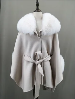 пальто-шаль с воротником из натурального лисьего меха, манжеты на рукавах до половины с поясом 220614 furry