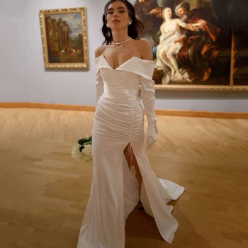 Простое Сексуальное Платье с открытой спиной и вырезом лодочкой, платье-труба с длинным рукавом, Свадебные платья в складку, однотонное вечернее платье, винтажное платье невесты
