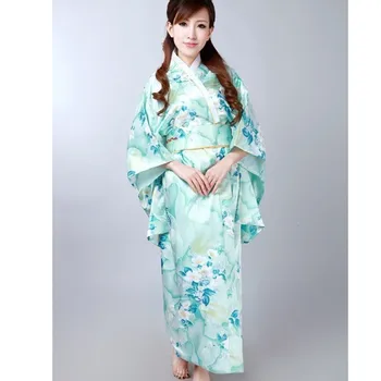 Модное светло-голубое Японское женское шелковое атласное кимоно Юката, вечернее платье с цветочным узором, один размер, бесплатная доставка H0047