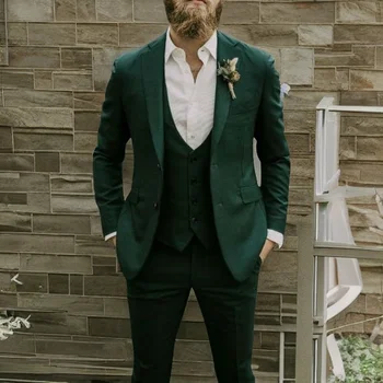 Приталенный Свадебный костюм в Итальянском Стиле для Мужчин, 3 предмета, куртка с Жилетом и Брюками, Темно-Зеленый Смокинг Жениха на Заказ, Мужская Мода
