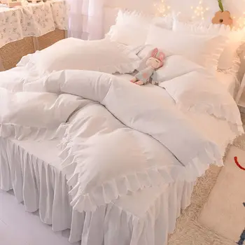 Комплект постельного белья из 4 предметов с оборками, юбкой и 2 наволочками, Большое двуспальное однотонное стеганое одеяло белого и розового цветов.Фиолетовый.Машинная стирка