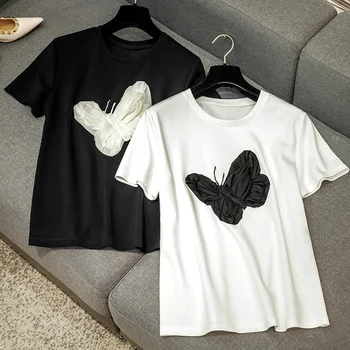 JOCLOTH 2023 Летние модные Топы Ручной работы с вышивкой бабочек, Прямая футболка с круглым вырезом, Женские рубашки и блузки, одежда
