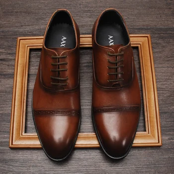 Мужская Дизайнерская модельная обувь с круглой головкой, Модные Свадебные туфли-Оксфорды для мужчин, Натуральная кожа, черно-коричневая официальная обувь на шнуровке для мужчин