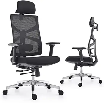 Офисное кресло с Адаптивной спинкой, Компьютерное кресло с высокой Спинкой и подлокотниками 4D, Регулируемой Глубиной сиденья, поясничной поддержкой и 2