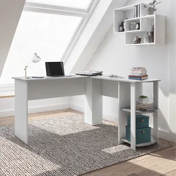 Современный L-образный письменный стол с боковыми полками, серый компьютерный стол, письменный стол